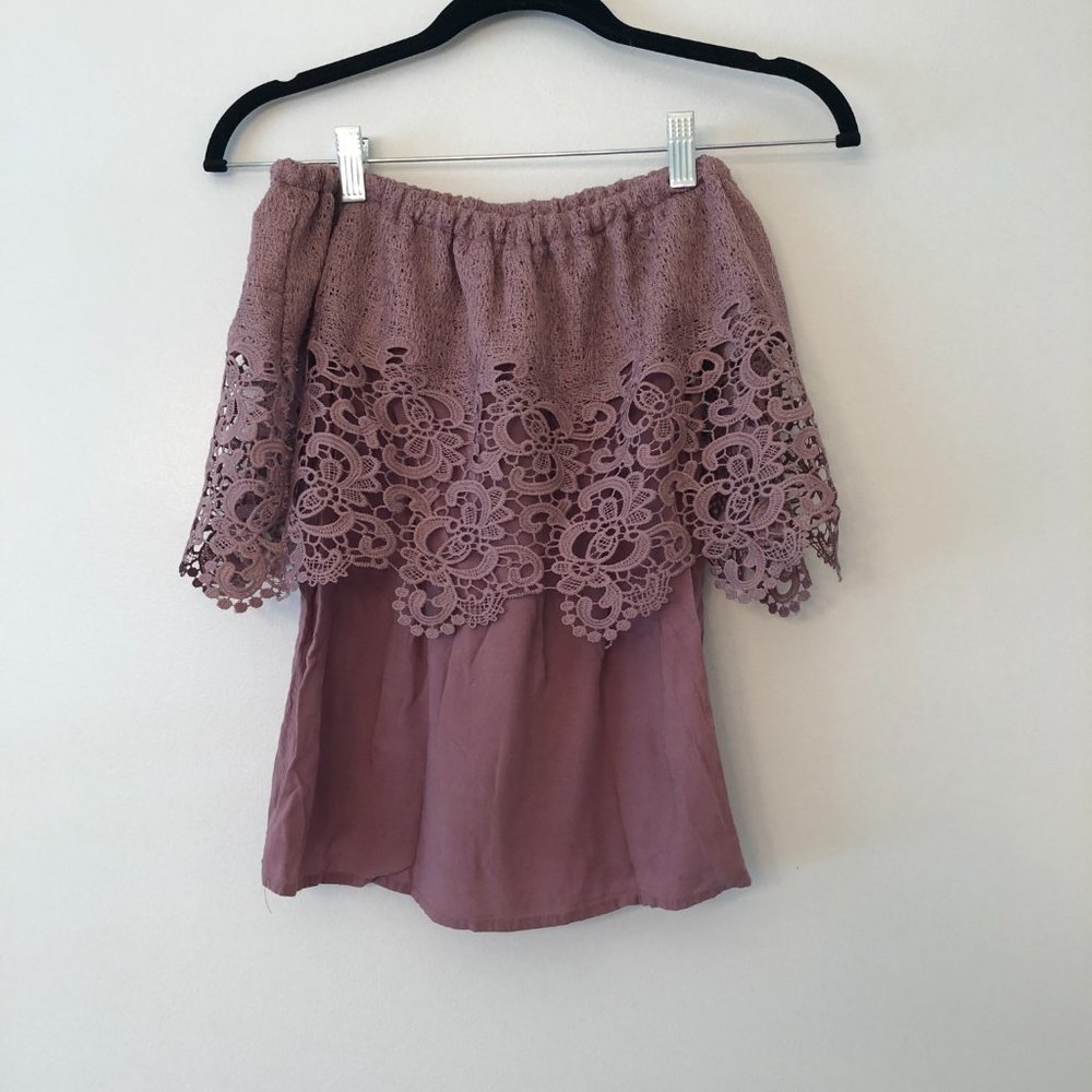 Charlotte Russe Mauve Lace Ruffle Strapless Boho Top | Size XS - Picture 4 of 8